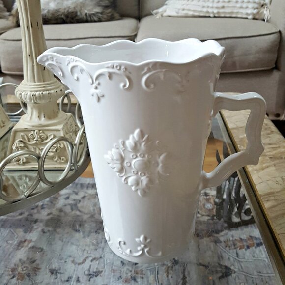 Exquisite SCROLLED WHITE Ceramic PITCHER - Picture 1 of 4